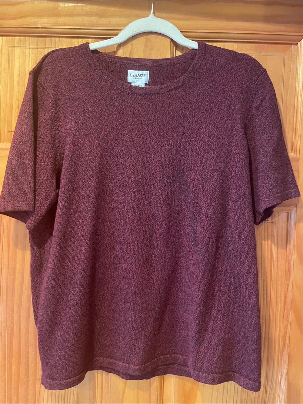 Liz Baker Womens Short Sleeve Crewneck Sweater in Wine and Black